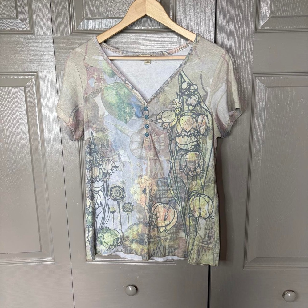 One World Art Nouveau Floral Henley Blouse Green Y2K Boho Top XL